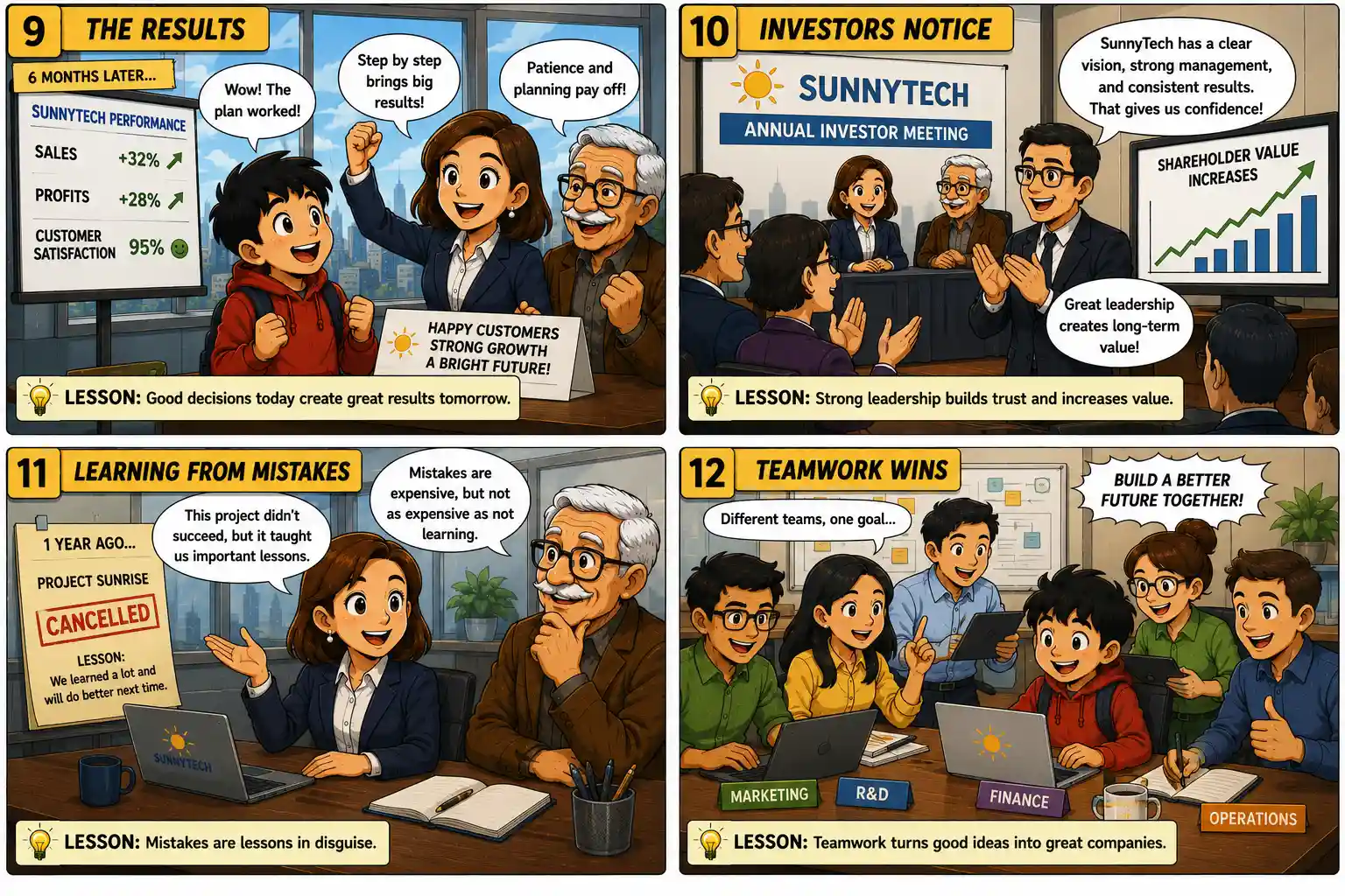 StockMaster Comics Episode 32 panels 9 to 12 showing company growth, investor confidence, learning from mistakes and teamwork behind successful businesses.