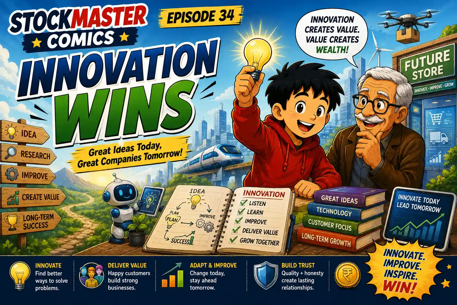 StockMaster Comics Episode 34 Innovation Wins featuring Sam and Grandpa Ben learning how innovation, research, technology, and customer-focused thinking build successful businesses.