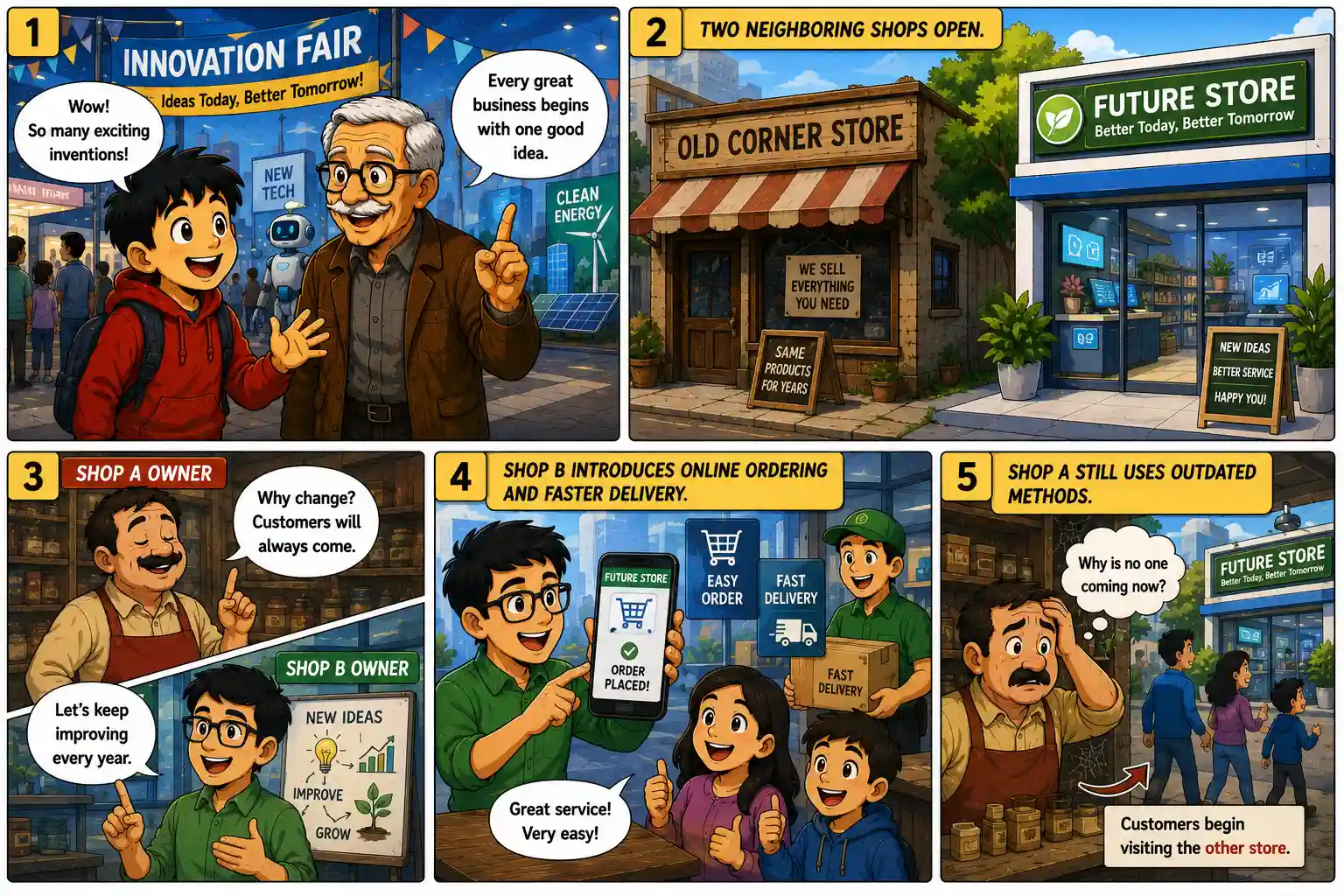 StockMaster Comics Episode 34 panels 1 to 5 showing Sam and Grandpa Ben visiting the Innovation Fair and comparing a traditional business with an innovative company.