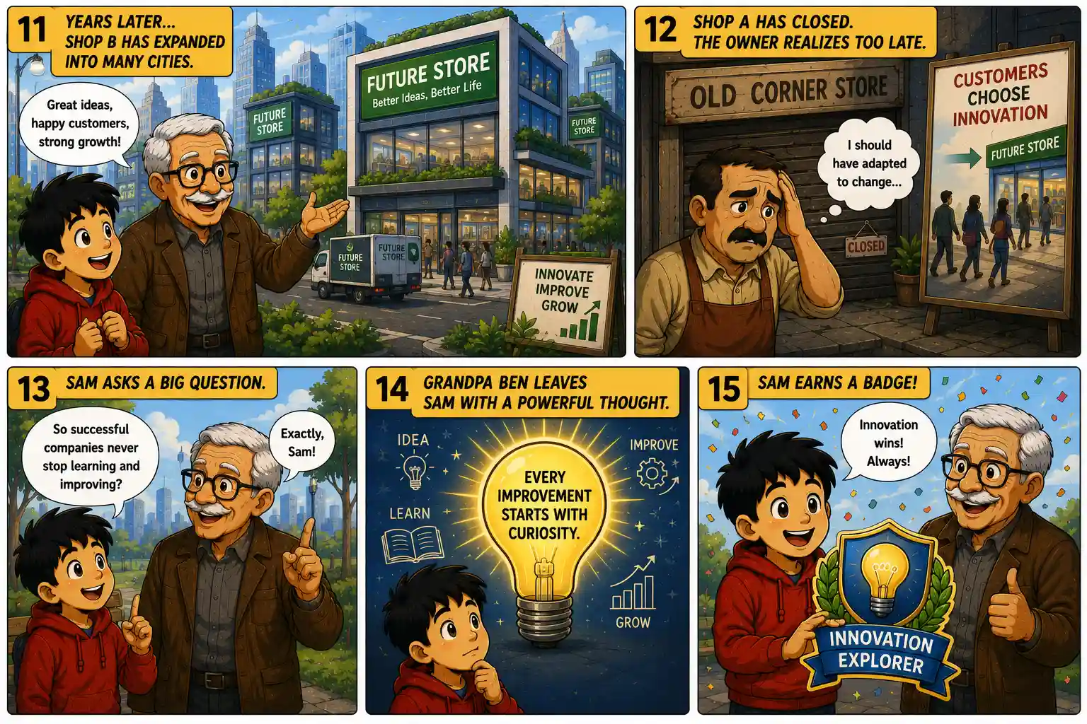 StockMaster Comics Episode 34 panels 11 to 15 showing business growth through innovation, adapting to change, continuous learning, and Sam earning the Innovation Explorer badge.