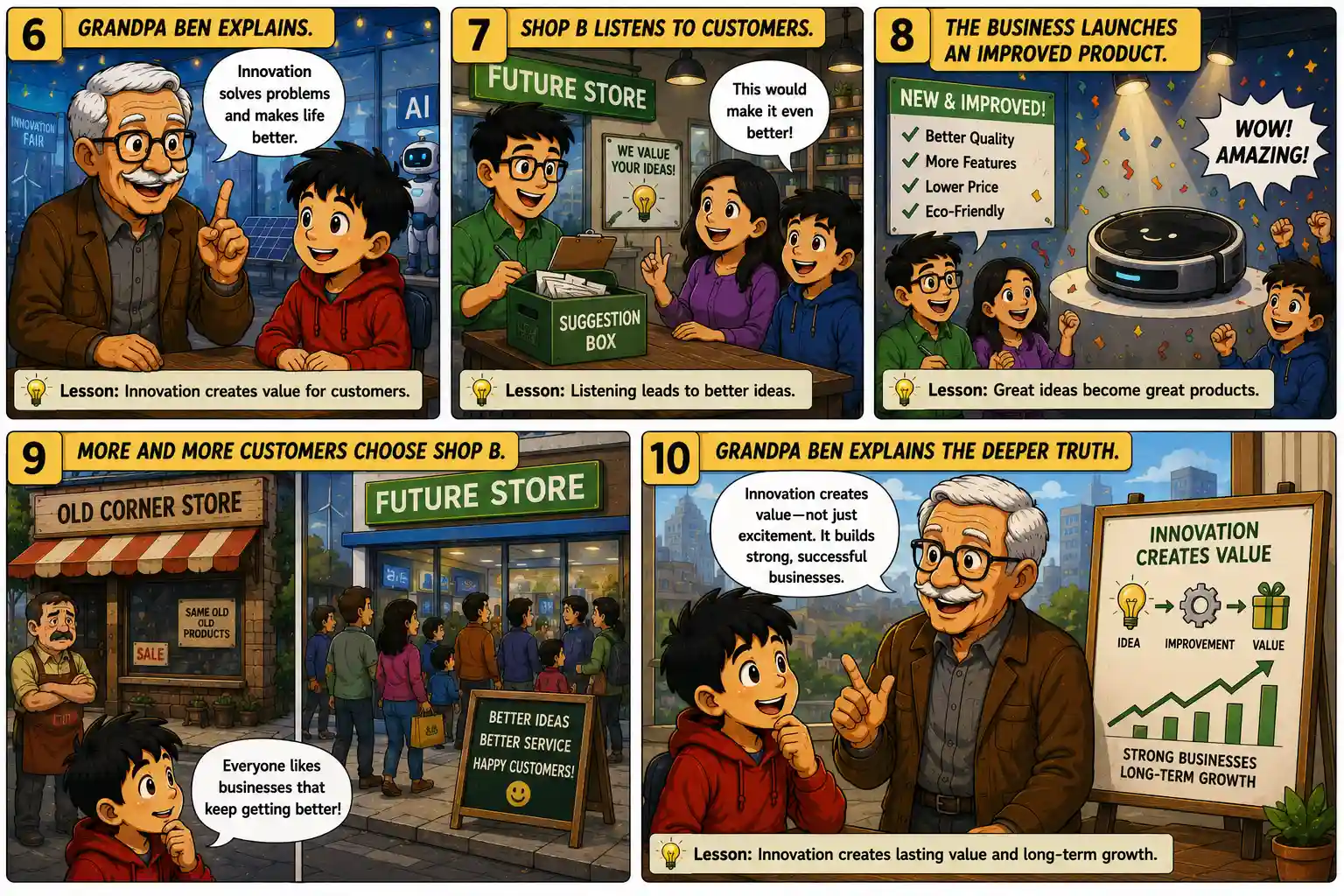 StockMaster Comics Episode 34 panels 6 to 10 explaining customer feedback, product improvement, innovation, and how businesses create long-term value.