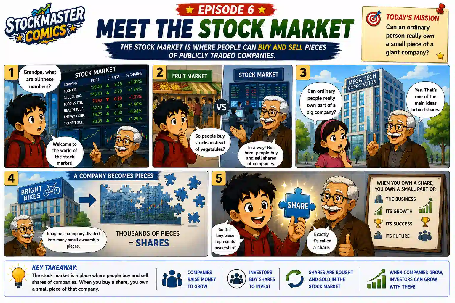 Episode 6 Meet the Stock Market comic panels 1–5 explaining what the stock market is, how companies are divided into shares and how investors can own part of a business.