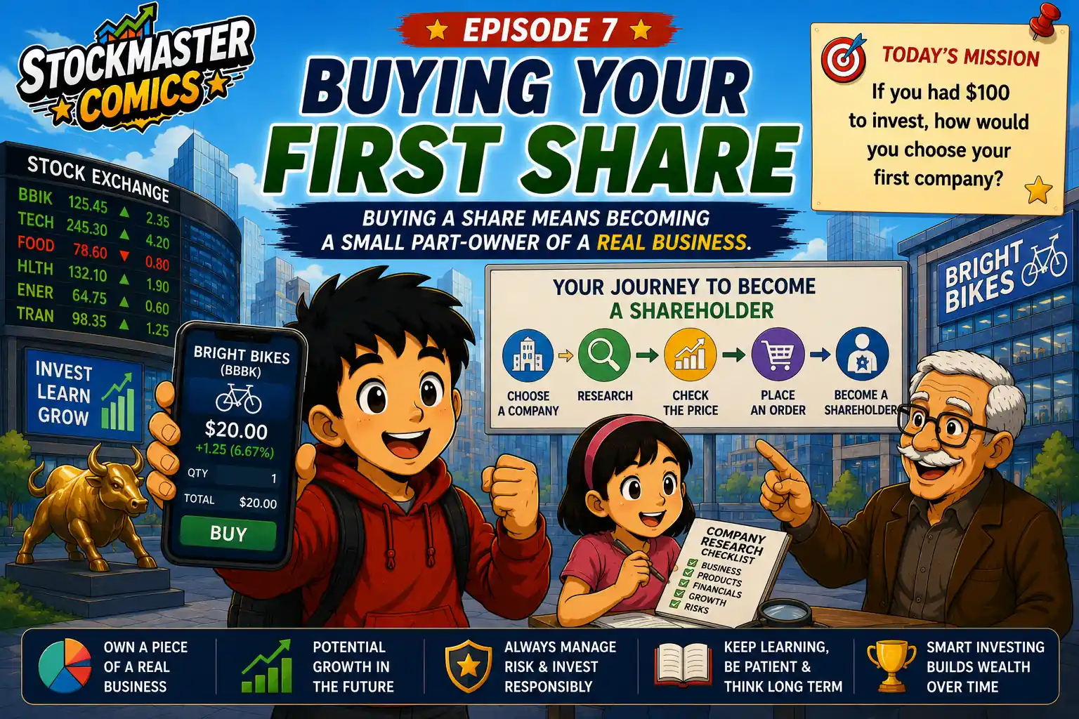 Episode 7 of StockMaster Comics, Buying Your First Share, showing a young investor learning how to research a company, check the share price, place a buy order, and become a shareholder.