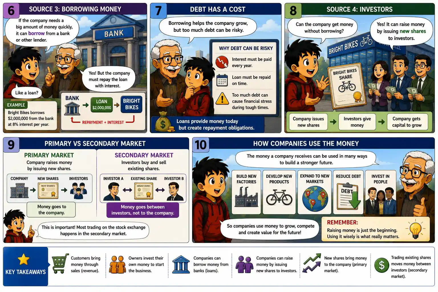 Educational comic panels explaining company loans, the risks of debt, investor funding, primary and secondary markets, and how companies use money to grow.
