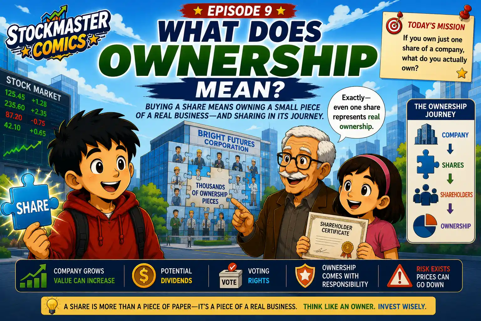 StockMaster Comics Episode 9 What Does Ownership Mean, explaining how buying a share gives an investor partial ownership in a real company.