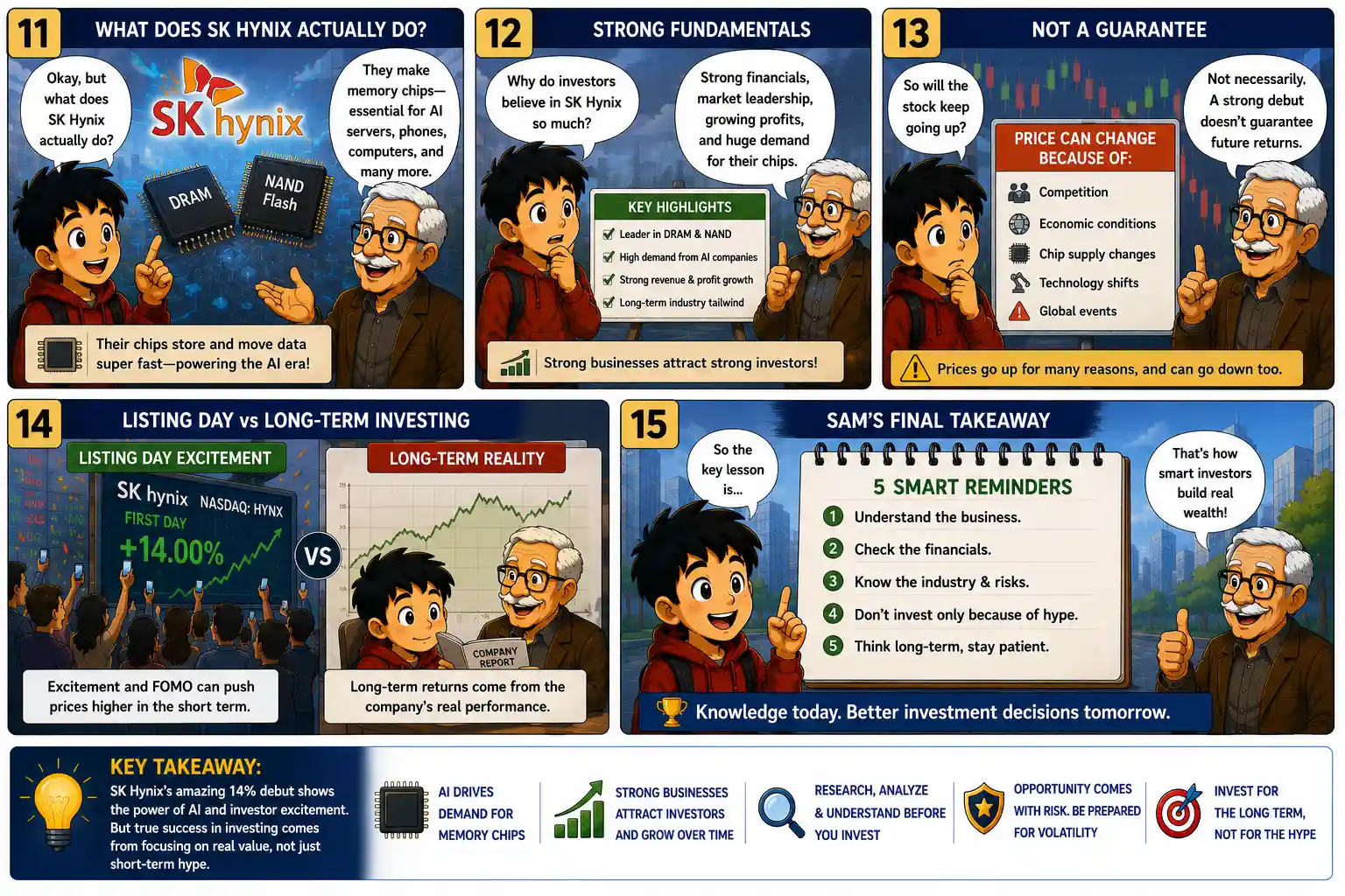 StockMaster Comics panels 11 to 15 explaining SK Hynix memory chips, company fundamentals, stock price risks, long-term investing, and five smart investor reminders.