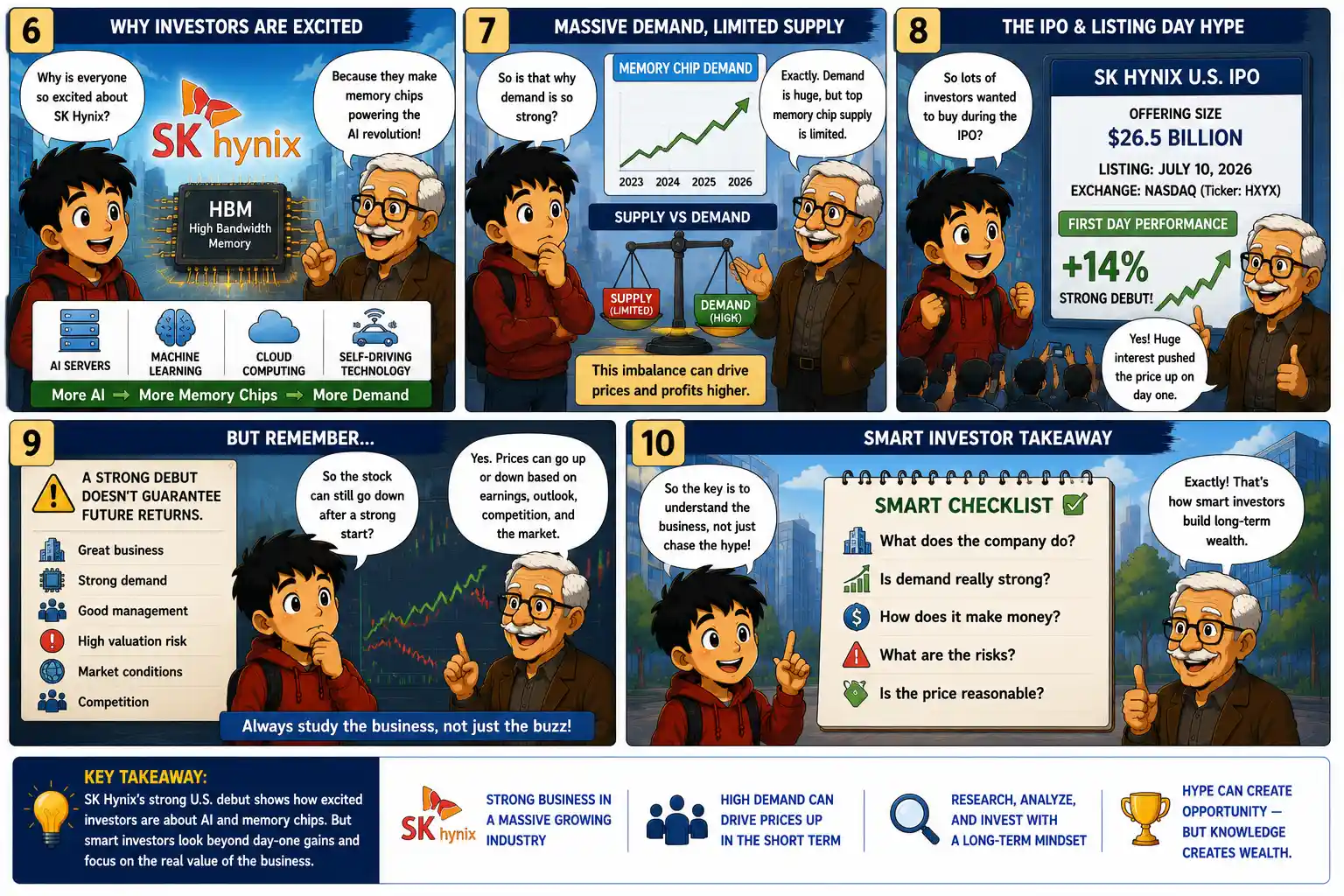StockMaster Comics panels 6 to 10 explaining investor excitement around SK Hynix, AI memory chip demand, IPO hype, investment risks, and smart stock research.