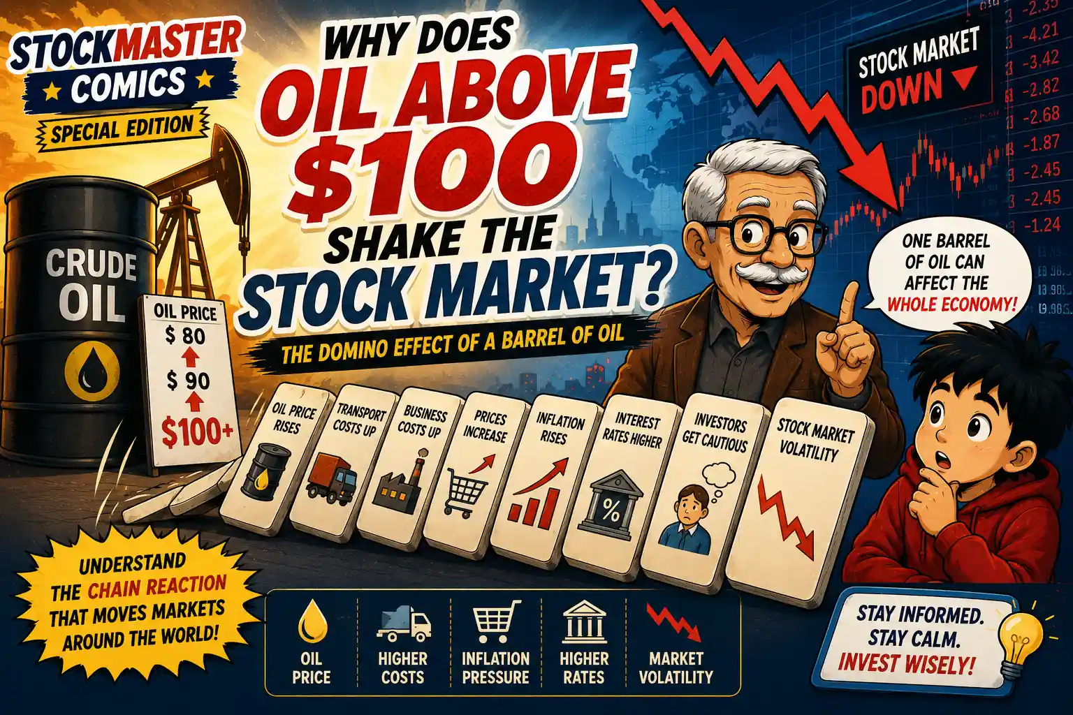 StockMaster Comics Special Edition hero image explaining why oil prices above $100 can shake the stock market through a domino effect involving inflation, interest rates, and investor sentiment.