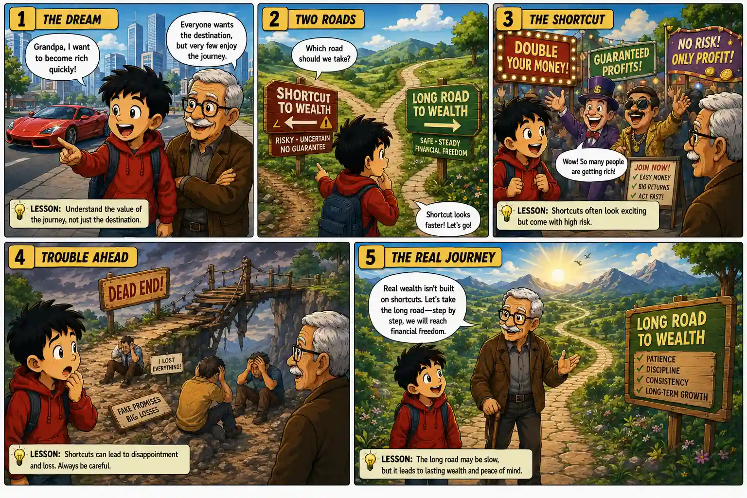 StockMaster Comics Episode 22 panels 1 to 5 showing Sam learning that lasting wealth comes from avoiding shortcuts and choosing the long road to financial success with Grandpa Ben.