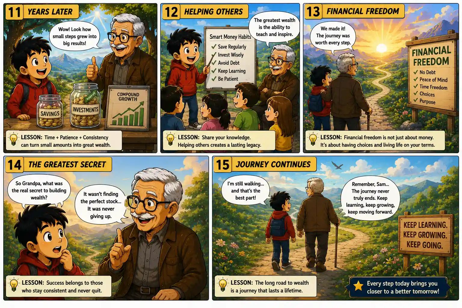 StockMaster Comics Episode 22 panels 11 to 15 showing years of consistent investing, helping others, achieving financial freedom, and learning that real wealth is built through patience and perseverance.