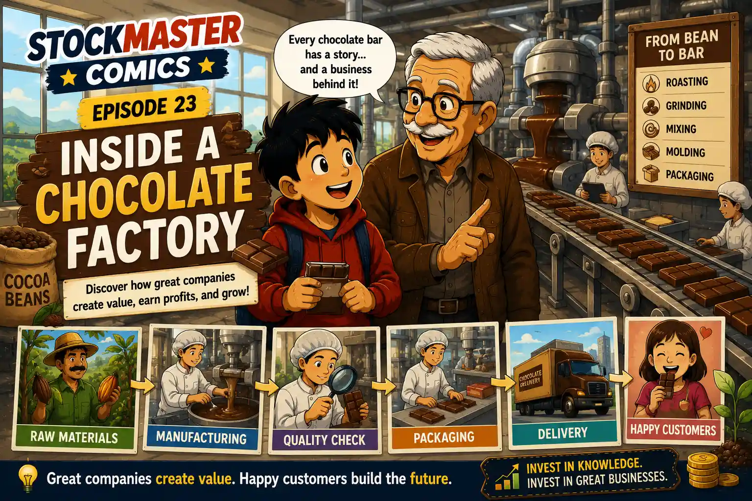 StockMaster Comics Episode 23 Inside a Chocolate Factory featuring Sam and Grandpa Ben exploring how cocoa beans become chocolate while learning how companies create value, earn profits, and grow through manufacturing and customer satisfaction.