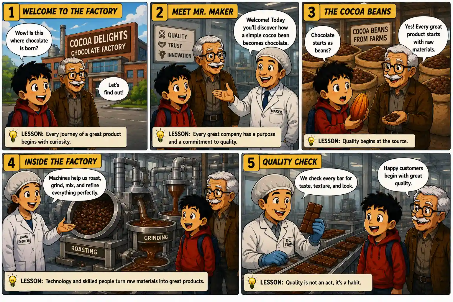 StockMaster Comics Episode 23 panels 1 to 5 showing Sam visiting a chocolate factory, meeting the factory manager, learning about cocoa beans, chocolate manufacturing, and quality control.