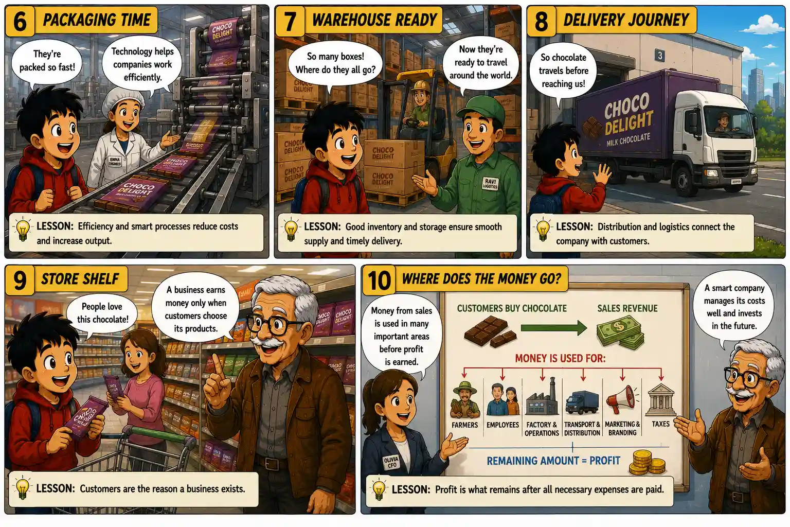 StockMaster Comics Episode 23 panels 6 to 10 explaining chocolate packaging, warehouse operations, product delivery, customer purchases, revenue, business expenses, and company profits.