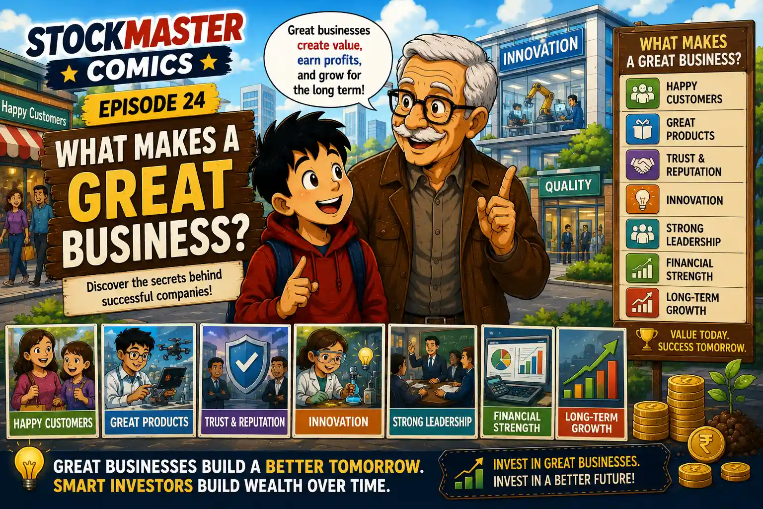 StockMaster Comics Episode 24 – What Makes a Great Business? Sam and Grandpa Ben discover the key qualities of successful companies, including happy customers, innovation, leadership, trust, financial strength, and long-term growth.