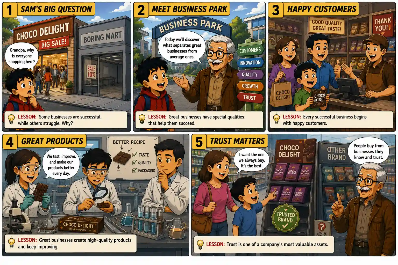StockMaster Comics Episode 24 panels 1–5 showing Sam and Grandpa Ben learning why successful businesses focus on happy customers, quality products, trust, and continuous improvement.