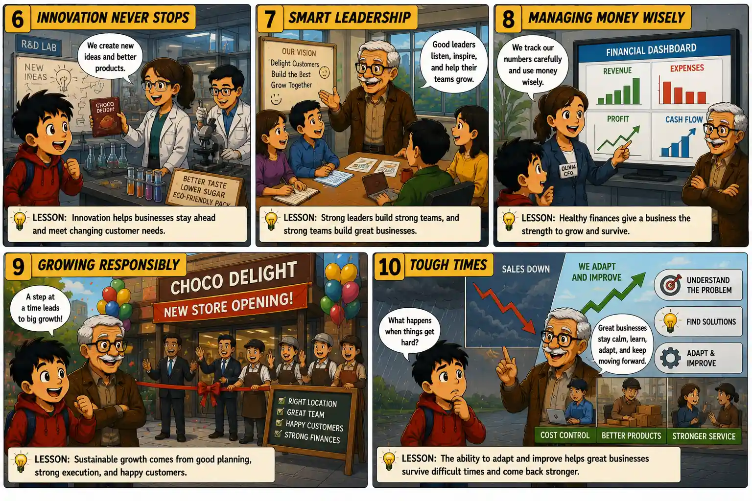 StockMaster Comics Episode 24 panels 6–10 explaining innovation, strong leadership, financial management, sustainable business growth, and overcoming business challenges for long-term success.