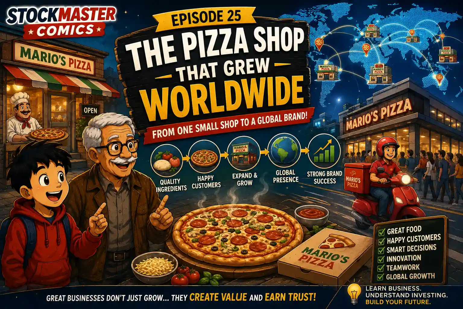 StockMaster Comics Episode 25 The Pizza Shop That Grew Worldwide featuring Sam and Grandpa Ben discovering how a small neighborhood pizza shop becomes a successful global brand through quality, customer trust, innovation, and smart business growth.
