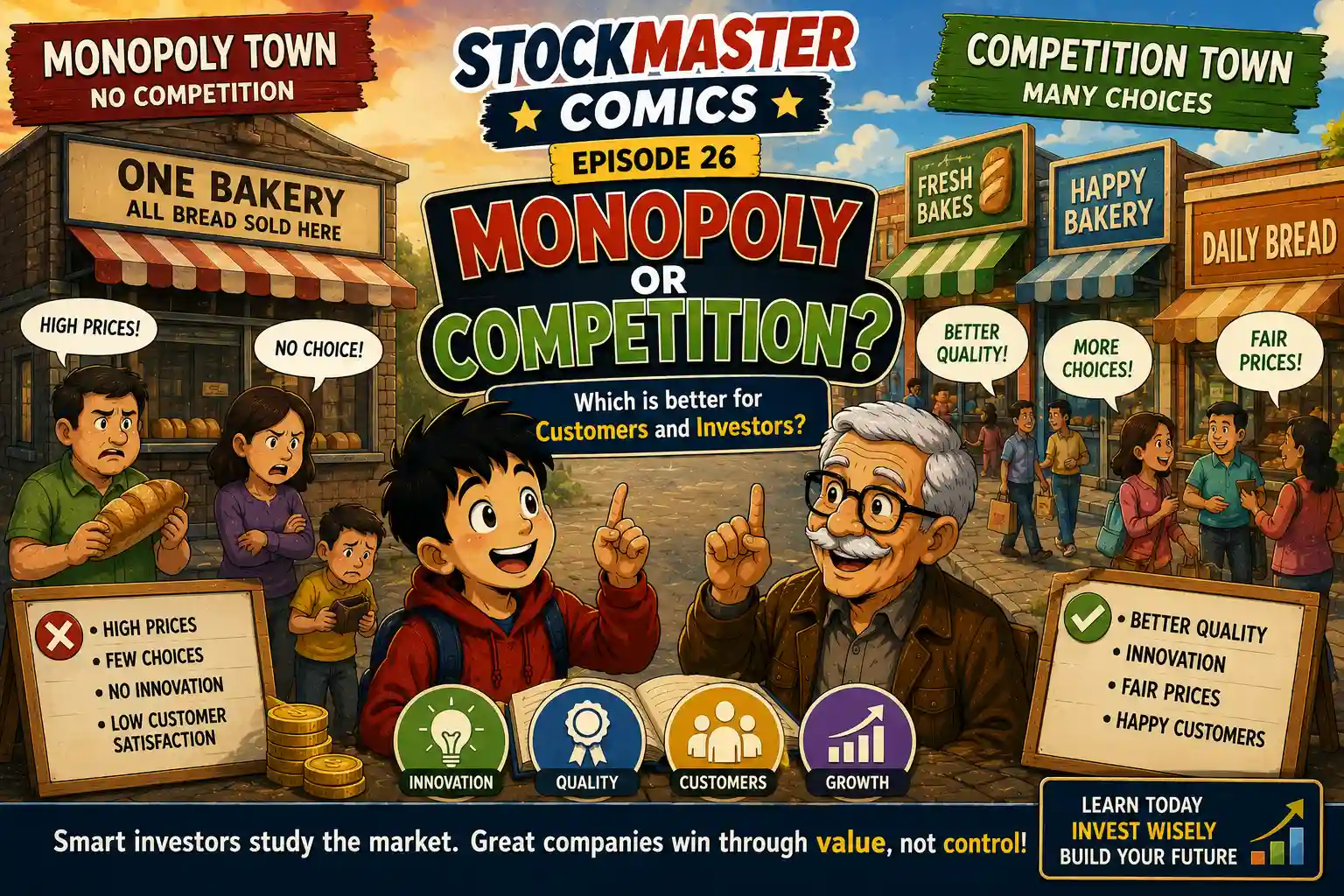 StockMaster Comics Episode 26 Monopoly or Competition featuring Sam and Grandpa Ben comparing Monopoly Town and Competition Town to explain how competition encourages innovation, fair prices, customer value, and long-term business success.