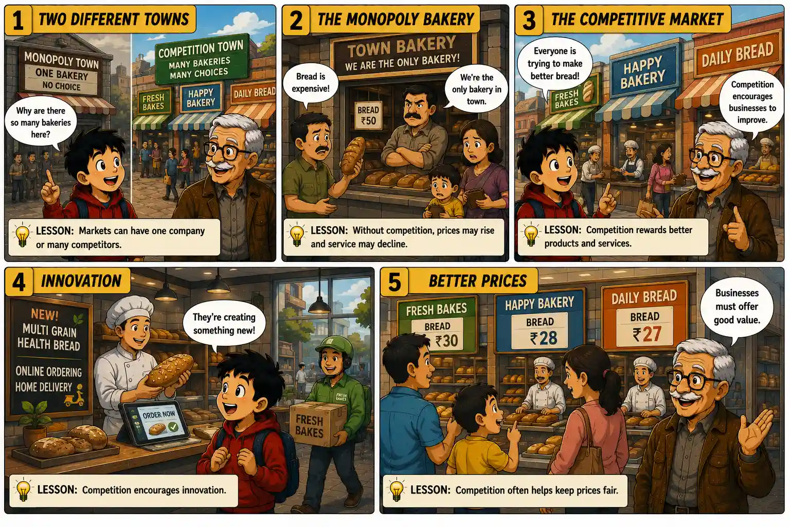 StockMaster Comics Episode 26 panels 1 to 5 showing two towns, a monopoly bakery, a competitive market, business innovation, and fair pricing to explain how competition benefits customers and companies.