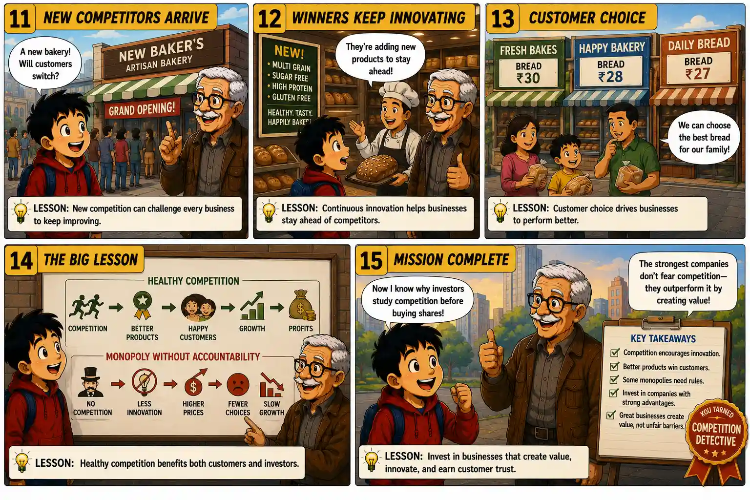 StockMaster Comics Episode 26 panels 11 to 15 showing new competitors entering the market, continuous innovation, customer choice, healthy competition versus monopoly, and the importance of investing in businesses that create long-term value.