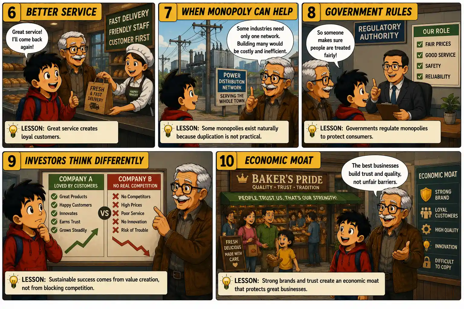 StockMaster Comics Episode 26 panels 6 to 10 illustrating customer service, natural monopolies, government regulation, investor analysis, and economic moat concepts using easy-to-understand business examples.