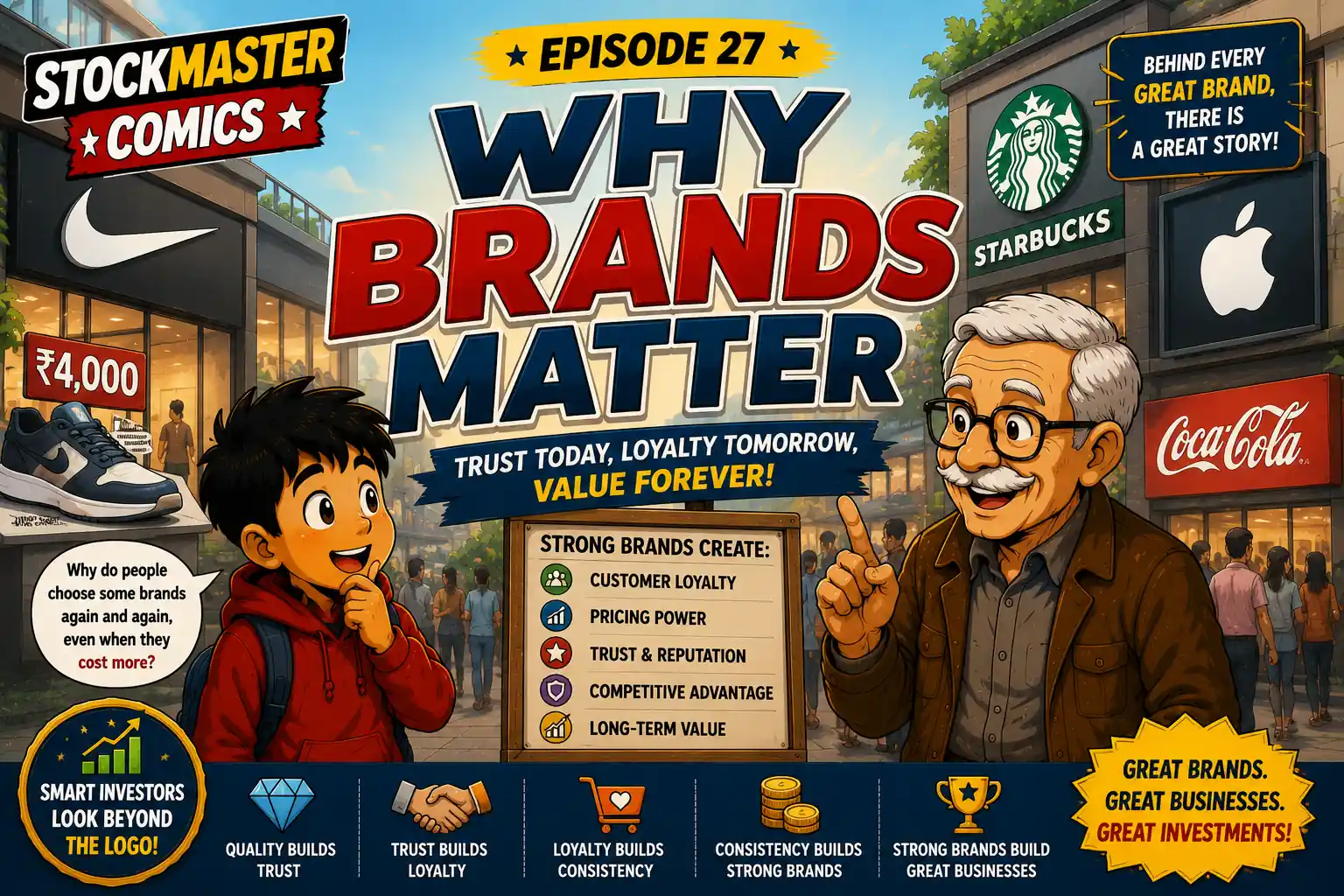 StockMaster Comics Episode 27 Why Brands Matter featuring Sam and Grandpa Ben exploring how trusted brands create customer loyalty, competitive advantage, and long-term business value.
