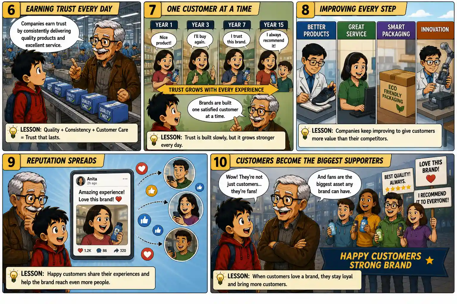 StockMaster Comics Episode 27 panels 6 to 10 explaining how companies build strong brands through quality, consistency, innovation, customer satisfaction, and positive word-of-mouth.