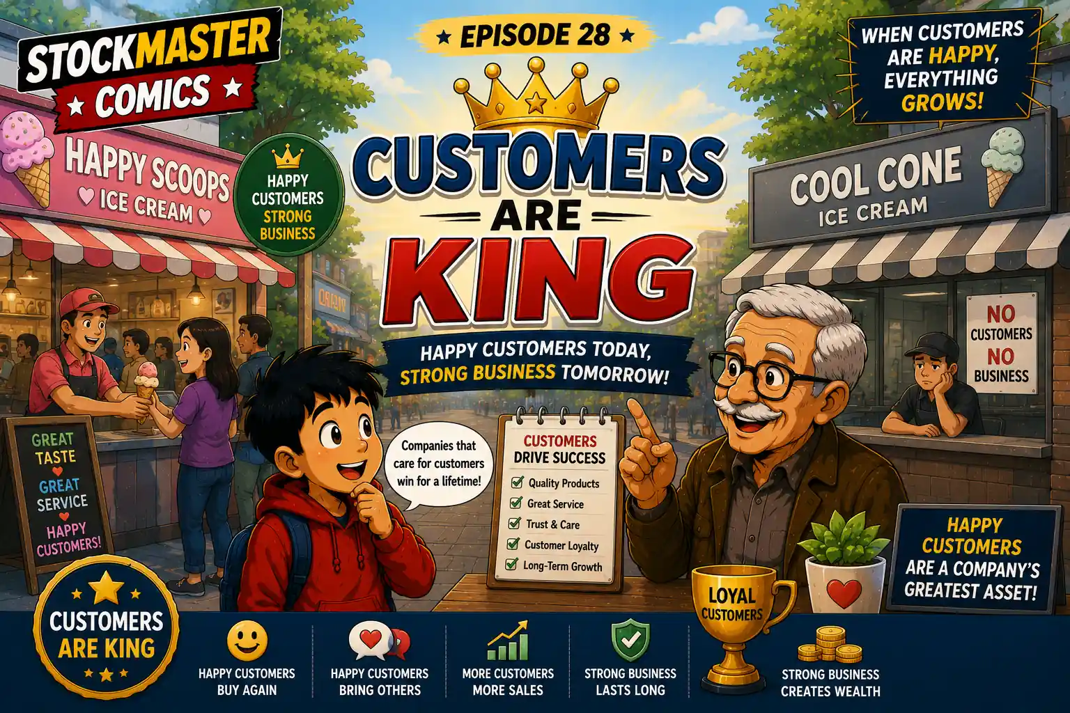 StockMaster Comics Episode 28 Customers Are King featuring Sam and Grandpa Ben learning how customer satisfaction, loyalty, and trust help businesses grow and create long-term shareholder value.