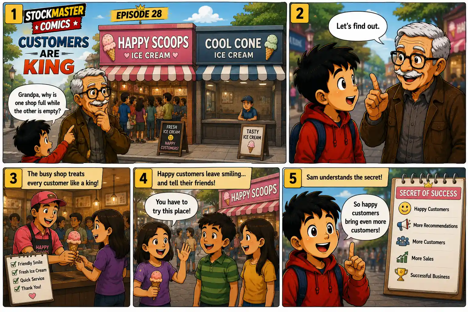 StockMaster Comics Episode 28 panels 1 to 5 showing Sam comparing two ice cream shops and discovering that businesses with happy customers attract more visitors and grow faster.