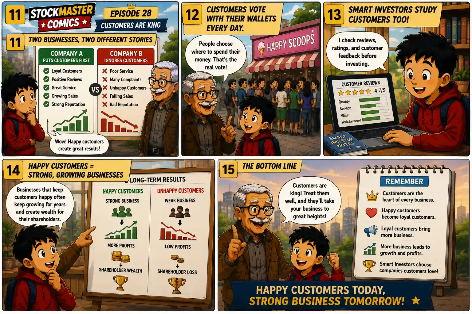 StockMaster Comics Episode 28 panels 11 to 15 showing how customer satisfaction leads to stronger businesses, growing sales, positive reviews, and better long-term investment opportunities for shareholders.