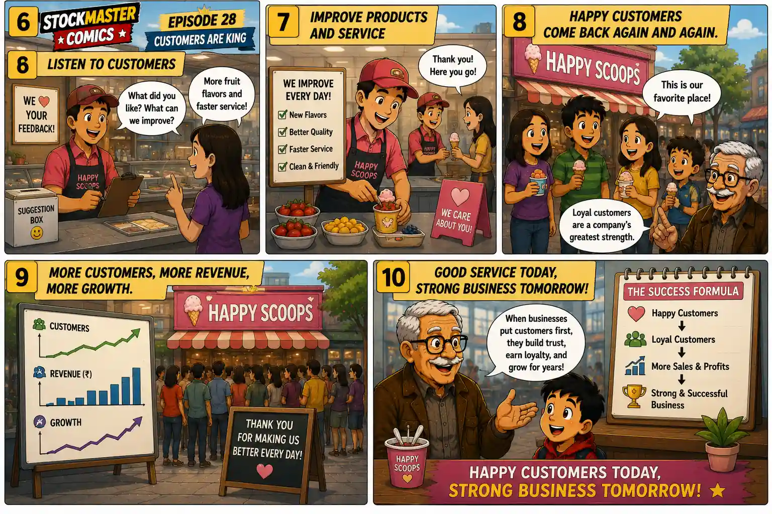 StockMaster Comics Episode 28 panels 6 to 10 explaining how listening to customer feedback, improving products, providing excellent service, and building customer loyalty drive business growth.
