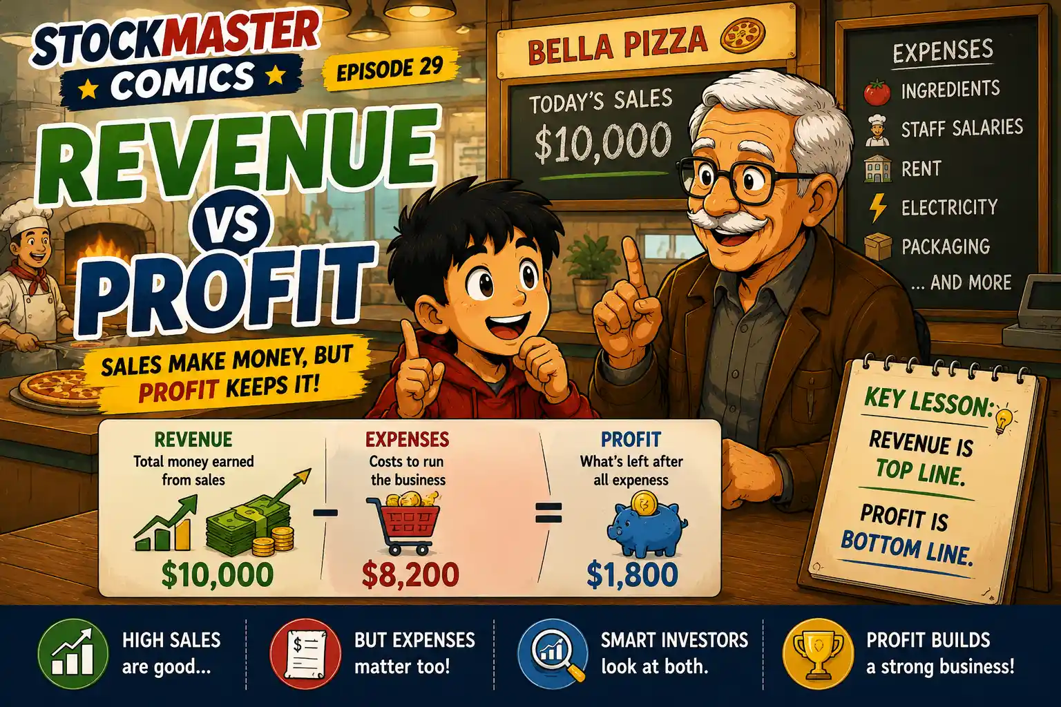 StockMaster Comics Episode 29 – Revenue vs Profit featuring Sam and Grandpa Ben explaining how business revenue, expenses, and profit determine a company's financial success using a pizza shop example.