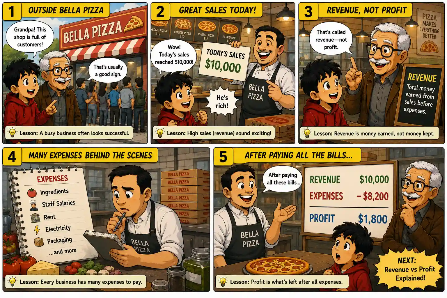 StockMaster Comics Episode 29 panels 1 to 5 showing Sam visiting Bella Pizza and learning that revenue is total sales while profit is the money left after paying business expenses.