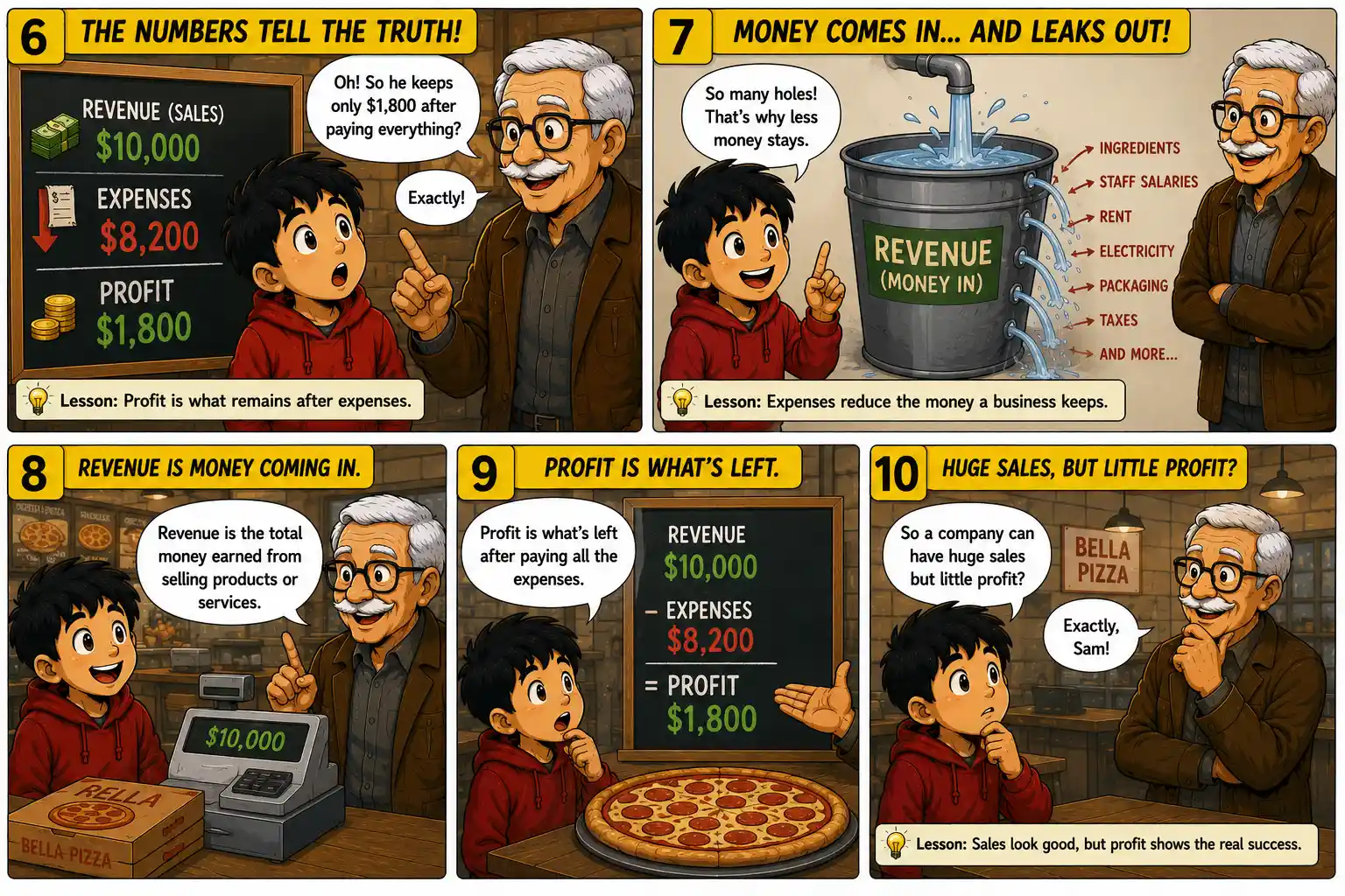 StockMaster Comics Episode 29 panels 6 to 10 explaining revenue, expenses, and profit with simple business examples to help beginner investors understand company financial statements.