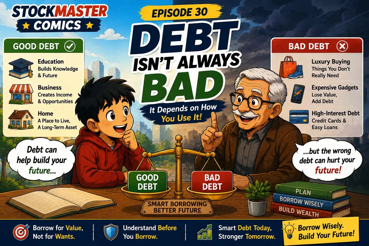 StockMaster Comics Episode 30 hero image explaining the difference between good debt and bad debt, featuring Sam and Grandpa Ben learning how smart borrowing can build long-term wealth.