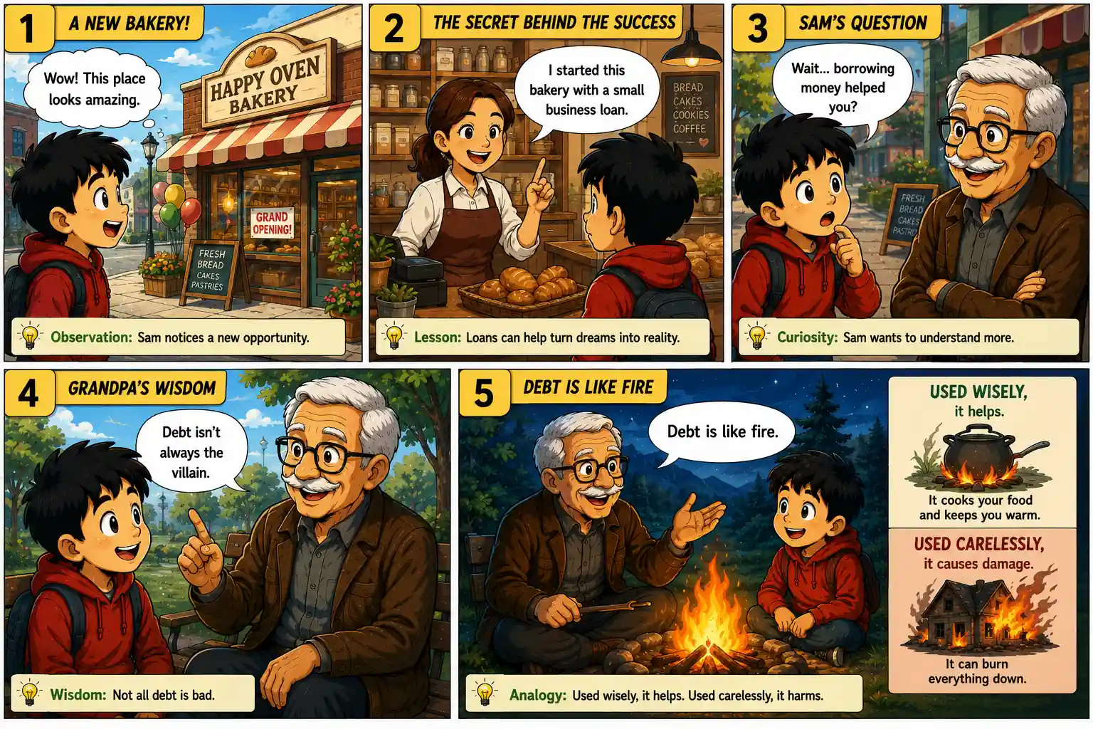 StockMaster Comics Episode 30 panels 1 to 5 showing Sam visiting a bakery and learning from Grandpa Ben that debt is like fire—it can help when used wisely and harm when used carelessly.
