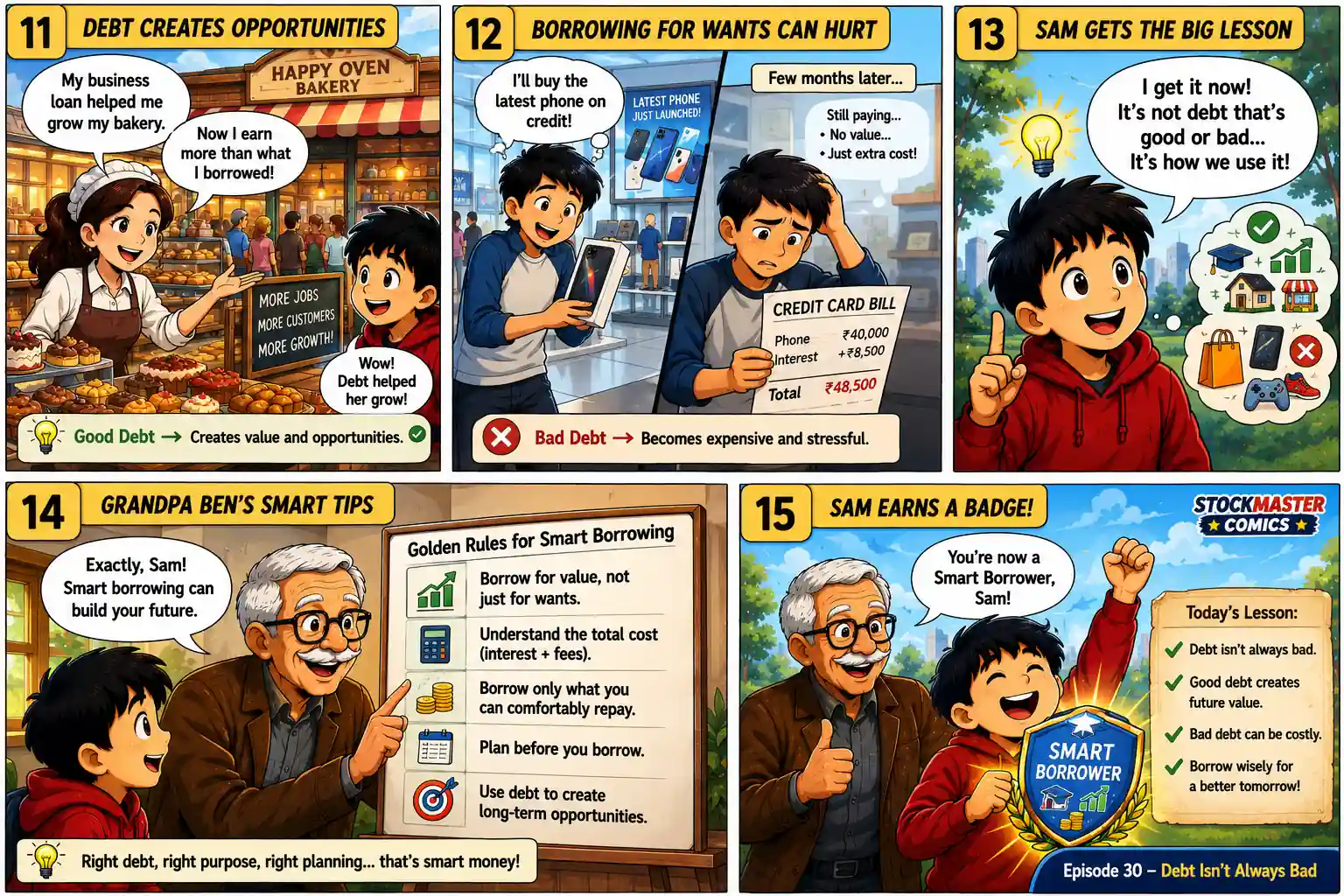 StockMaster Comics Episode 30 panels 11 to 15 showing real-life examples of good debt creating opportunities, bad debt creating financial stress, Grandpa Ben's smart borrowing rules, and Sam earning the Smart Borrower badge.
