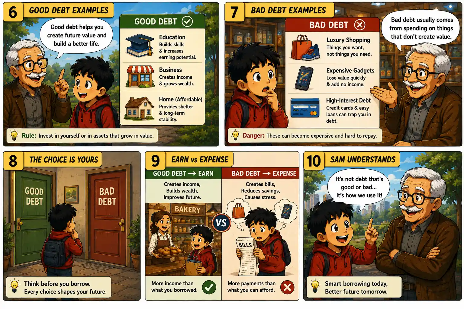StockMaster Comics Episode 30 panels 6 to 10 comparing good debt and bad debt with examples including education, business, home loans, luxury spending, and high-interest credit card debt.