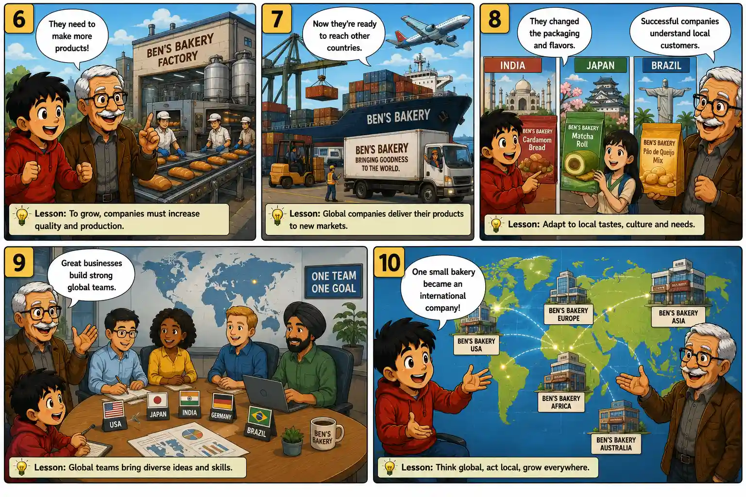 StockMaster Comics Episode 33 panels 6 to 10 illustrating factory production, international shipping, adapting products for local markets, building global teams, and worldwide business expansion.