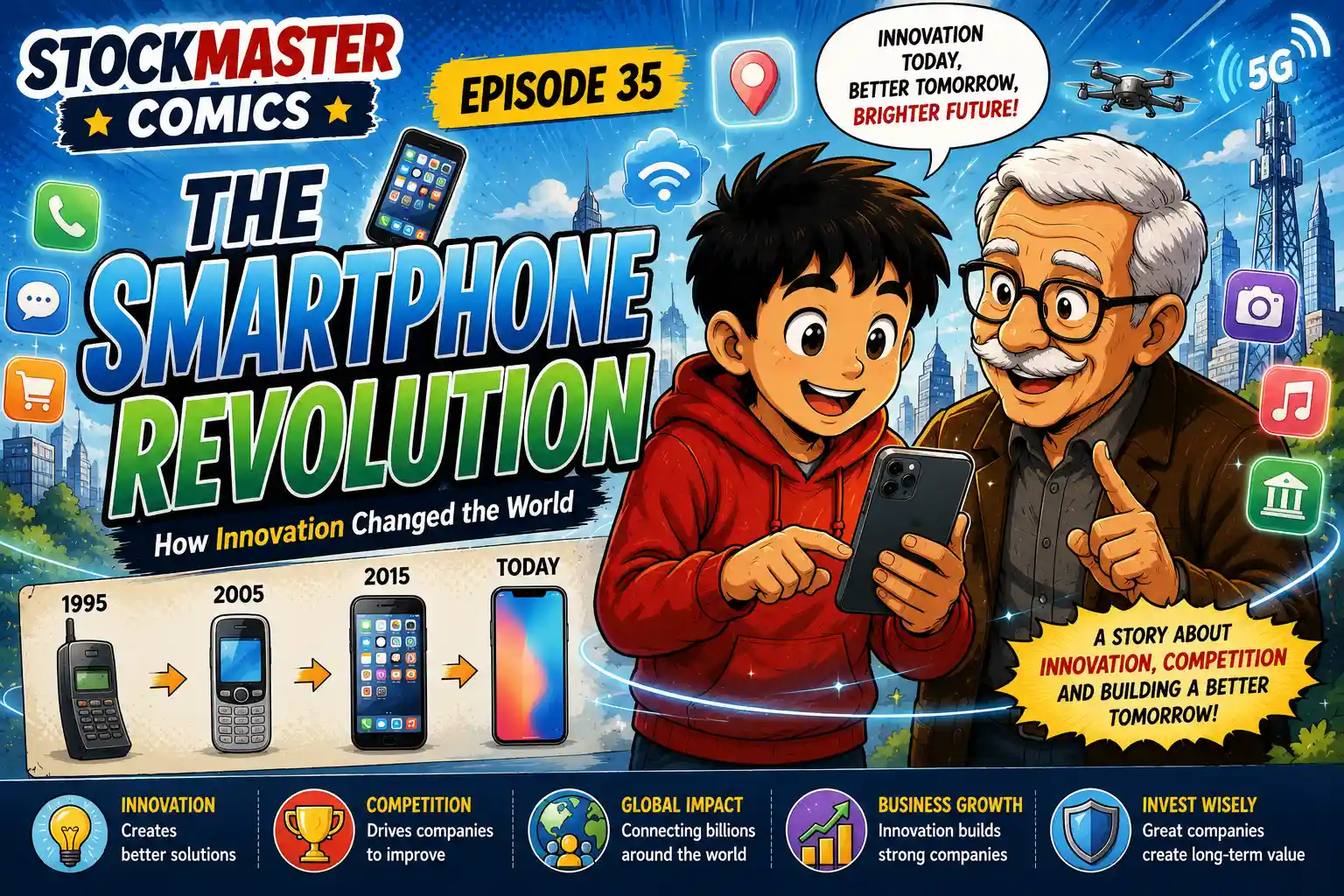 StockMaster Comics Episode 35 The Smartphone Revolution featuring Sam and Grandpa Ben exploring how smartphones transformed communication, innovation, technology, and long-term business growth.