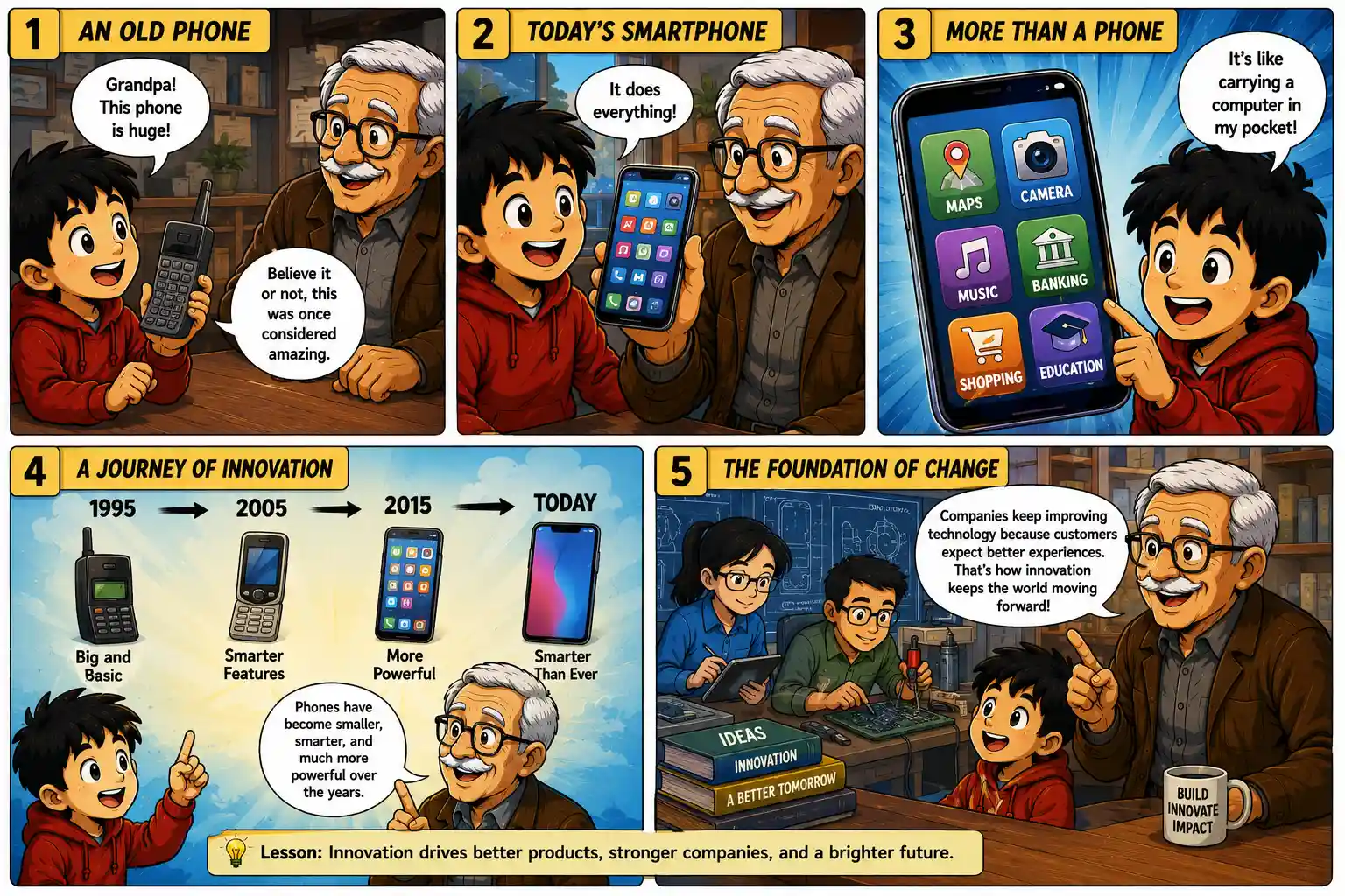 StockMaster Comics Episode 35 panels 1 to 5 showing Sam and Grandpa Ben exploring the evolution of mobile phones into smartphones and how innovation transformed everyday life.