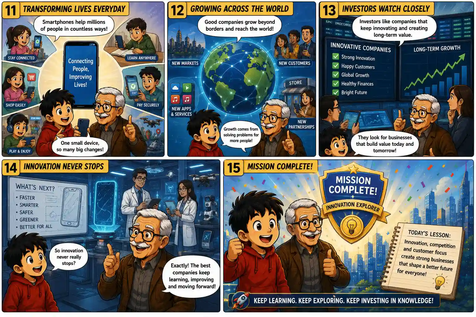 StockMaster Comics Episode 35 panels 11 to 15 illustrating global smartphone adoption, innovation, long-term business growth, investor interest, and the Innovation Explorer achievement badge.