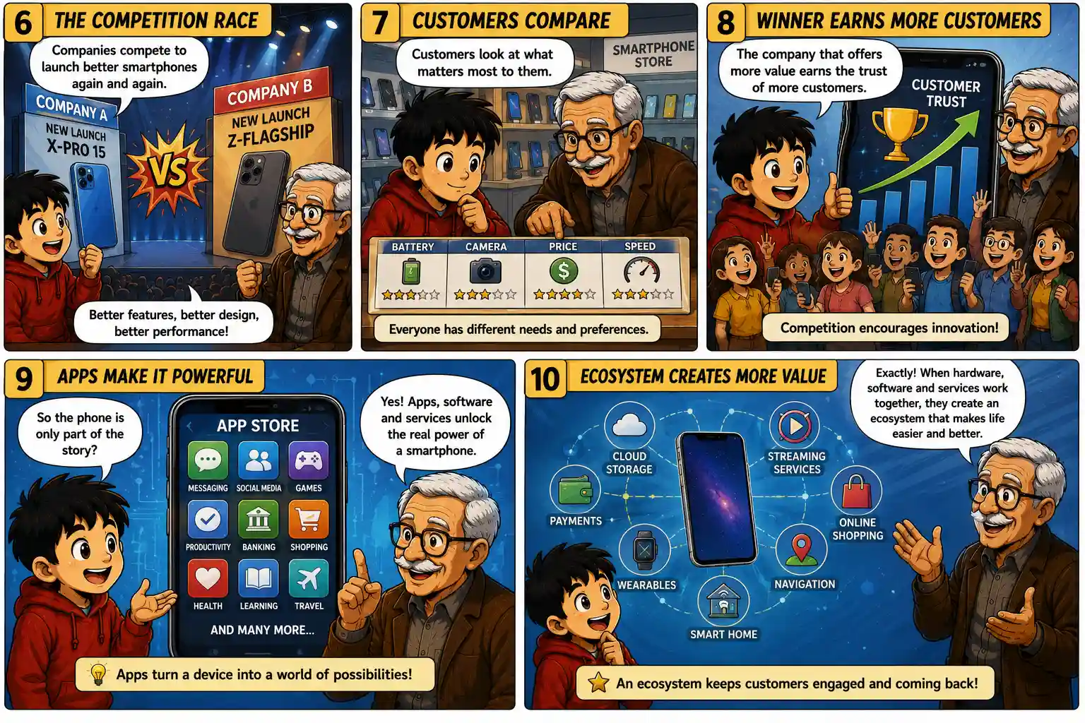StockMaster Comics Episode 35 panels 6 to 10 explaining smartphone competition, customer choices, mobile apps, and business ecosystems through an educational comic.