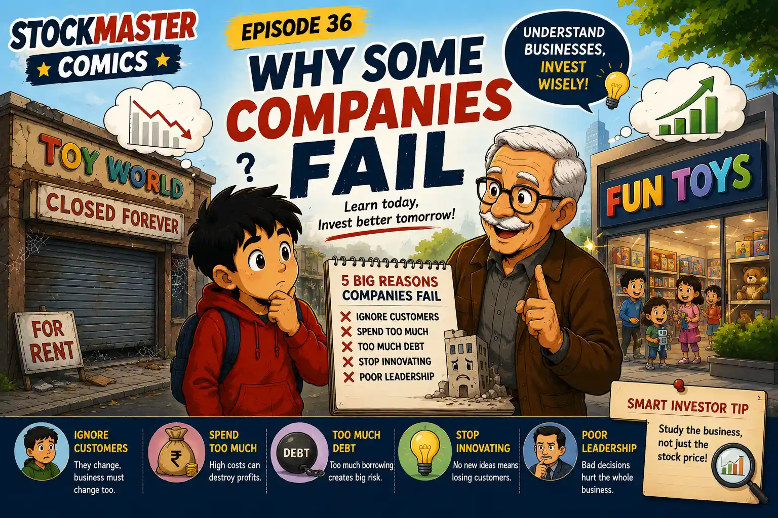 StockMaster Comics Episode 36 Why Some Companies Fail featuring Sam and Grandpa Ben explaining the five biggest reasons businesses fail and how smart investors evaluate companies.