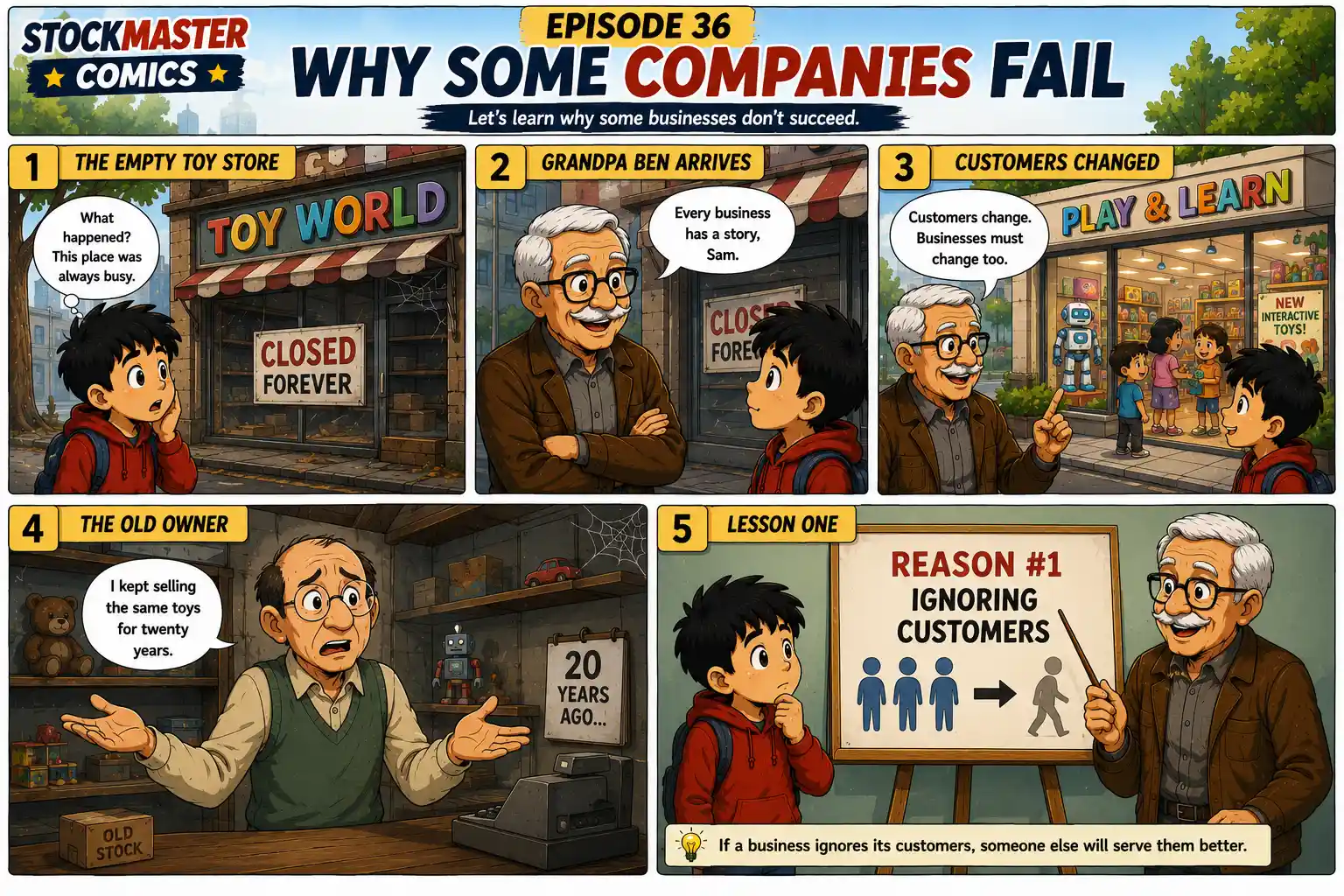StockMaster Comics Episode 36 panels 1 to 5 showing Sam discovering a closed toy store and learning that ignoring customer needs can cause businesses to fail.