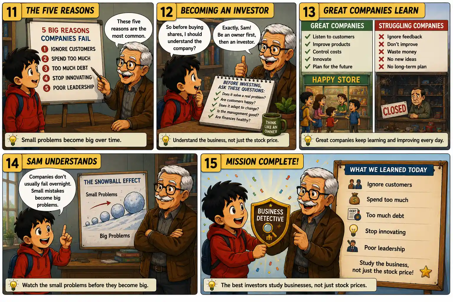 StockMaster Comics Episode 36 panels 11 to 15 teaching investors to study businesses, understand long-term success, and learn the five key reasons companies fail before investing.