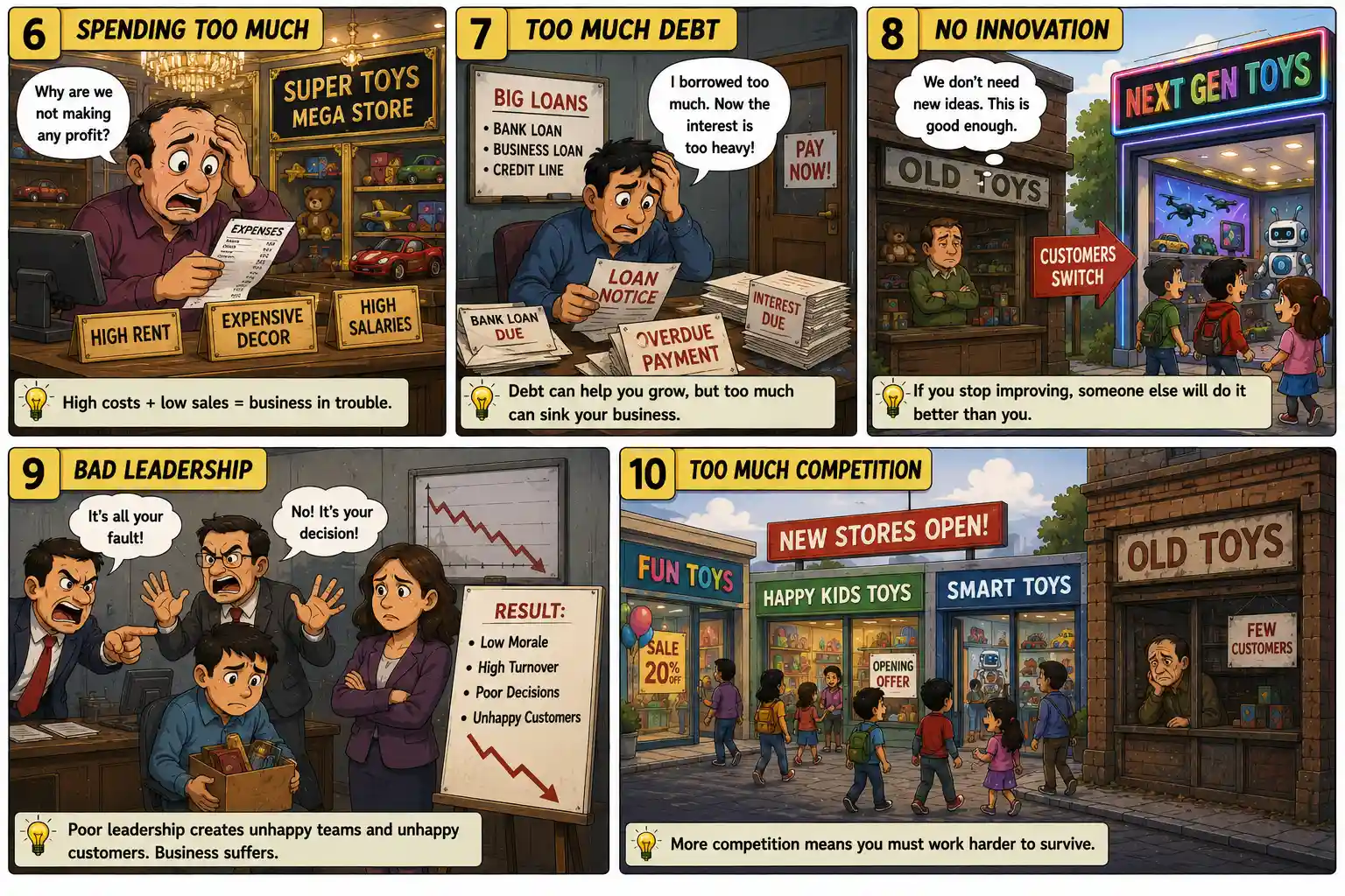 StockMaster Comics Episode 36 panels 6 to 10 explaining high expenses, excessive debt, lack of innovation, poor leadership, and competition as common reasons companies fail.