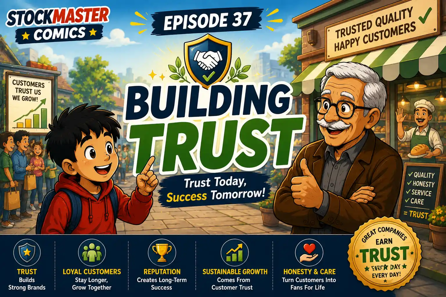 StockMaster Comics Episode 37 Building Trust featuring Sam and Grandpa Ben explaining how trust, honesty, quality, and customer loyalty help businesses achieve long-term success.