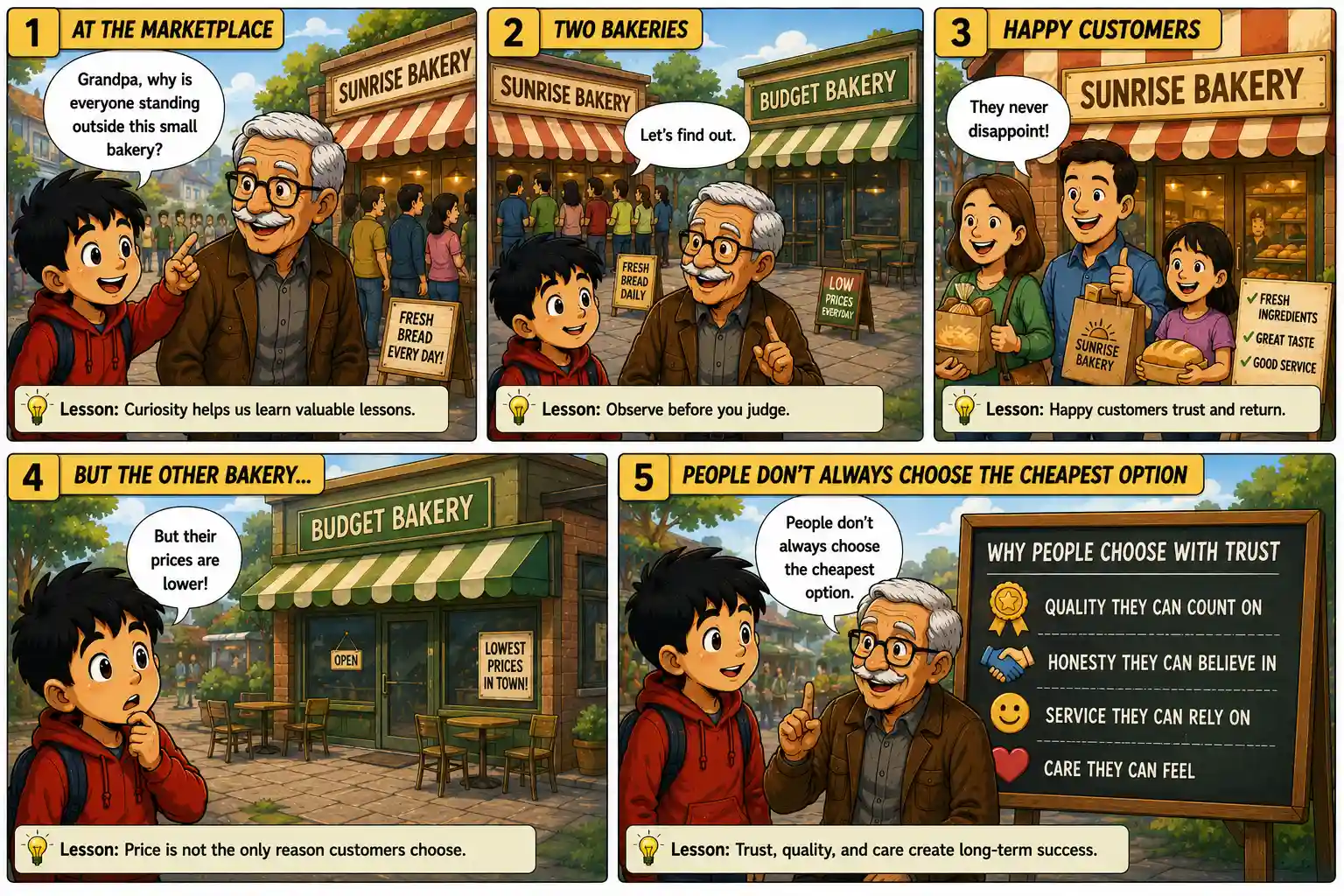 StockMaster Comics Episode 37 panels 1 to 5 showing Sam and Grandpa Ben comparing two bakeries to learn why customers choose trusted businesses over cheaper alternatives.