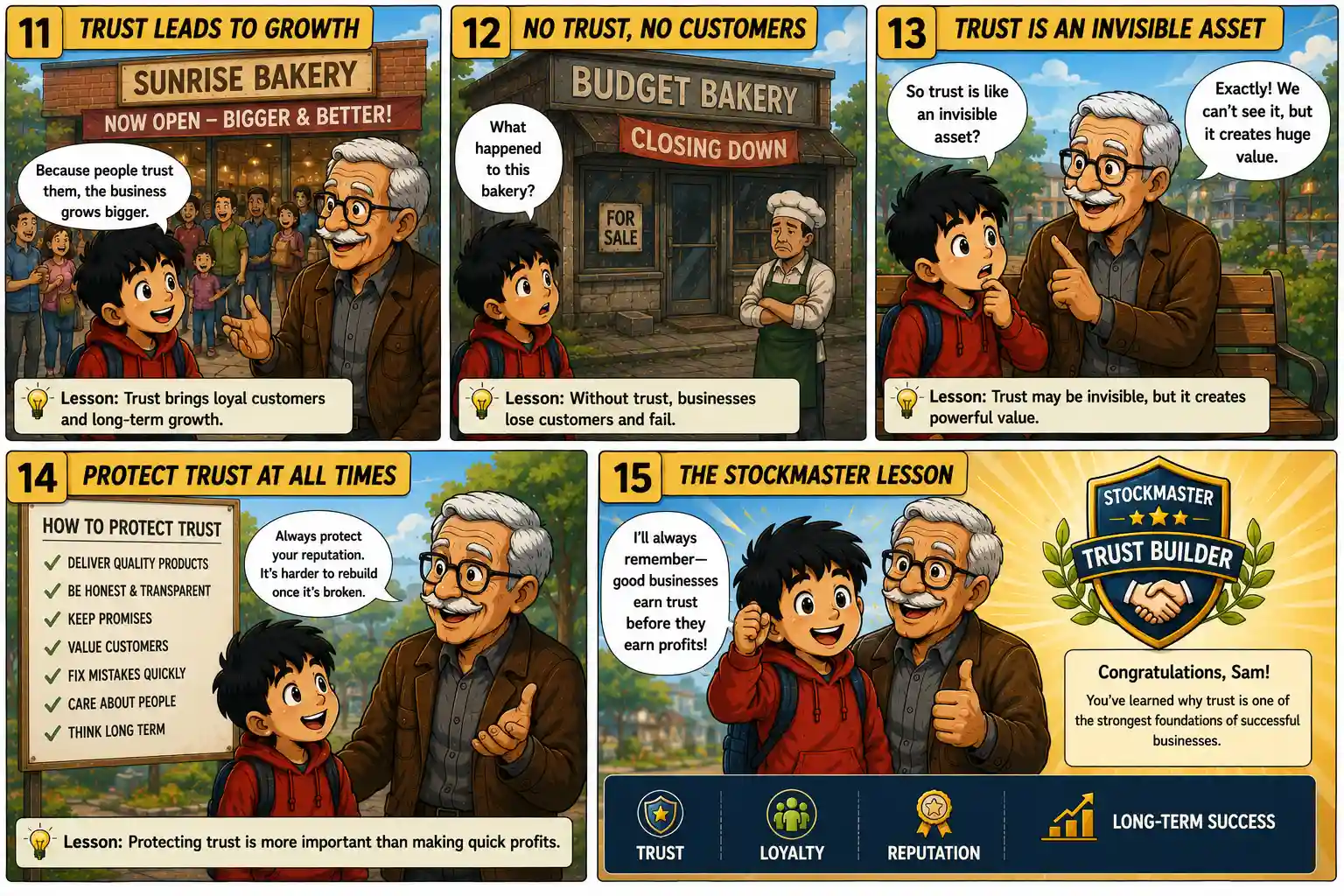StockMaster Comics Episode 37 panels 11 to 15 showing business growth through customer trust, reputation, long-term success, and Sam earning the Trust Builder achievement badge.